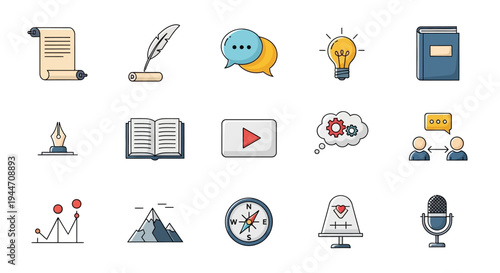 Flat Line Style Icons for Communication, Creativity, and Business Concepts