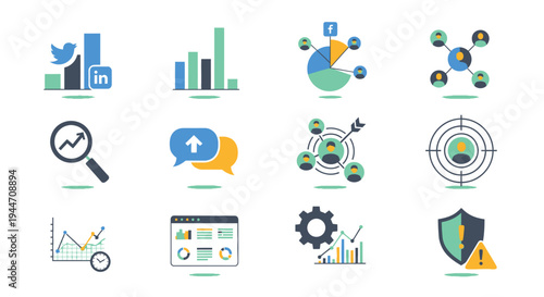 Set of flat business data analytics and social media marketing icons