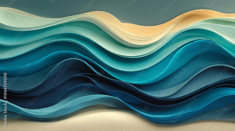 Obraz premium Beautiful layered papercraft waves featuring gradual transitions of cyan, turquoise, and deep blue hues.