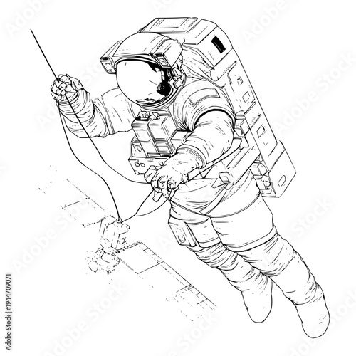Astronaut Floating in Space with Safety Tether