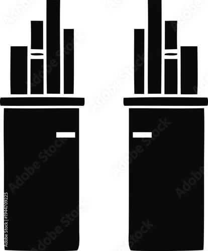 Two identical trash receptacles with a row of vertical bars on top, symbolizing waste and recycling management