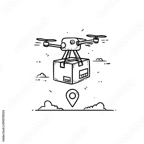 Drone Delivering Package in Sky with Clouds