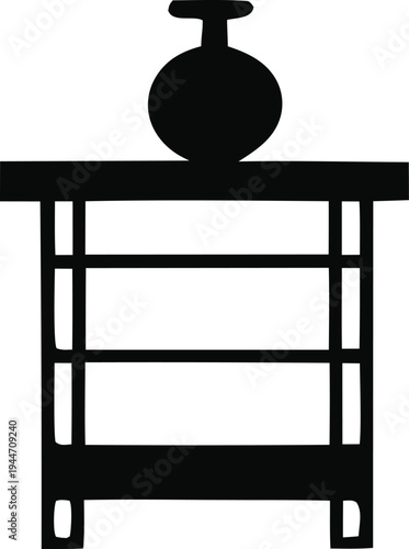 Minimalist black silhouette icon featuring a small furniture piece, resembling a nightstand or display table, with shelves and a decorative vase on top