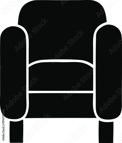 A simple, bold, black silhouette icon of a comfortable armchair, perfect for interior design, home furnishing, or comfort-related graphics