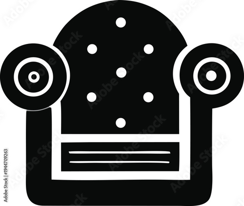 Minimalist black and white illustration of a plush armchair with rounded armrests and decorative tufting on the seat and back