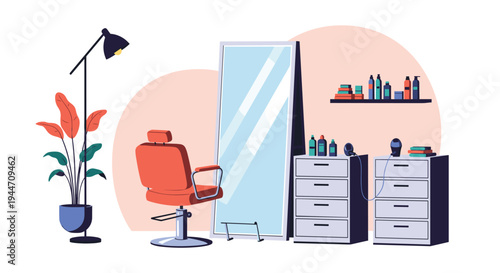 Modern barber shop interior shows a professional styling chair, large mirror, and shelves with hair products.