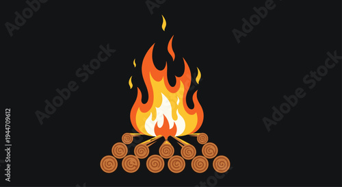 Warm campfire burns brightly on a pile of wooden logs against a dark background, creating a cozy atmosphere.