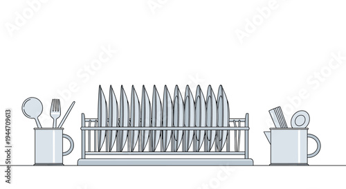 Metal dish rack holds clean white plates alongside containers for cutlery and kitchen brushes on a counter.