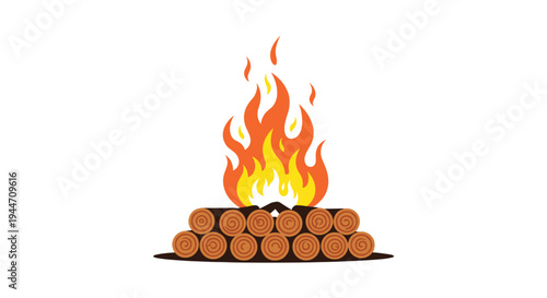 Campfire burning brightly over a stack of logs in a minimalist flat vector illustration isolated on a white background for camping themes.