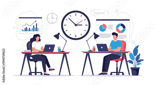 Professional man and woman working at their desks with laptops under a large wall clock representing time management and productivity.