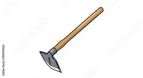 Sturdy garden hoe with a long wooden handle and a sharp metal blade used for weeding and tilling soil in agricultural and gardening tasks.