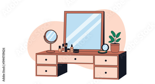 Elegant wooden vanity table with a large square mirror, smaller round mirror, various makeup products, and a small potted plant on top.