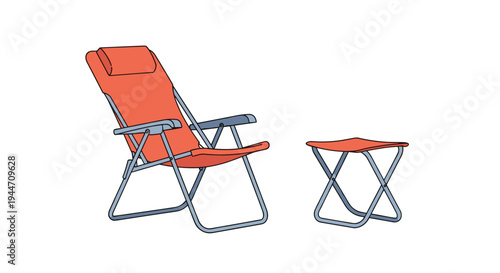 Comfortable orange folding deck chair with a matching footstool perfect for outdoor relaxation in a garden, patio, or camping environment.