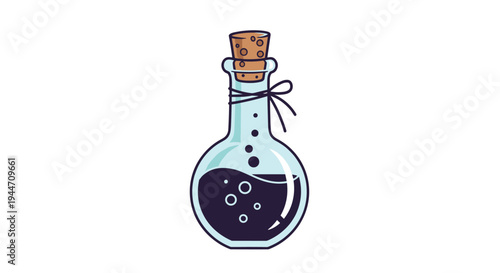 Magic potion bottle with a dark swirling liquid inside and small bubbles floating upward, sealed with a cork and tied with a black string.