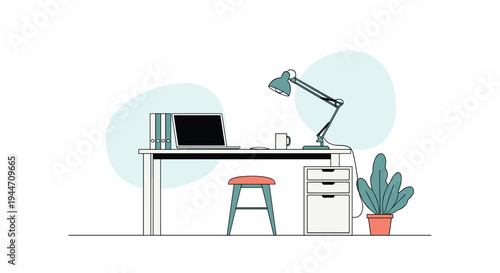 Modern home office workspace featuring a laptop on a white desk with a lamp, files, a stool, and a potted plant in a clean minimalist style.