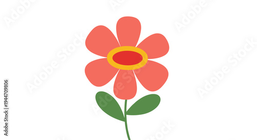 Simple colorful illustration of a single pink flower with five petals and a yellow center growing on a green stem with two leaves.