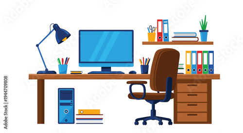 Organized modern home office workspace with a wooden desk plus computer monitor lamp and office supplies on a clean white background.