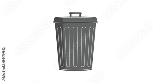 Simple gray waste bin with a lid stands alone as a functional object against a clean and minimalist white background.