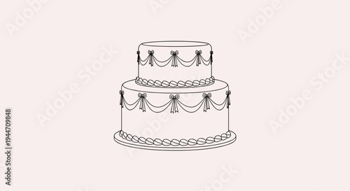 Two tier celebration cake features delicate ribbon decorations and small bows in a minimalist line art style.