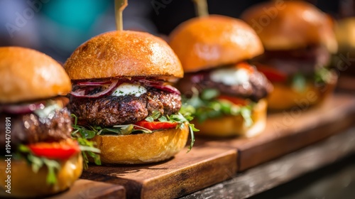 Fresh grilled beef burger with cheese and lettuce on wooden board. Appetizing homemade cheeseburger for fast food menu. Delicious snack for restaurant catering and culinary advertisement.