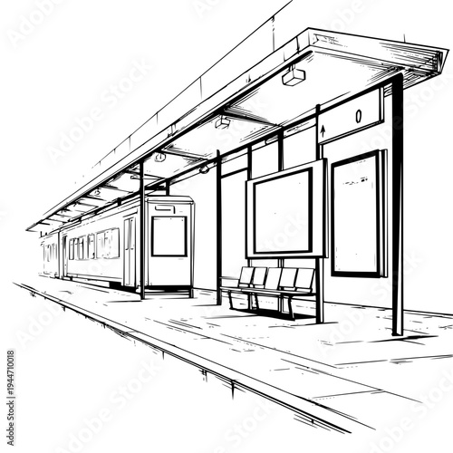 Train Station Platform with Bench and Billboard Isolated on White