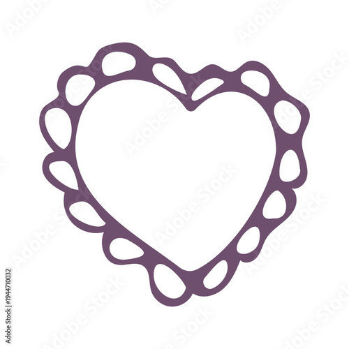 Hand drawn purple heart frame with a lacy border, isolated vector illustration.