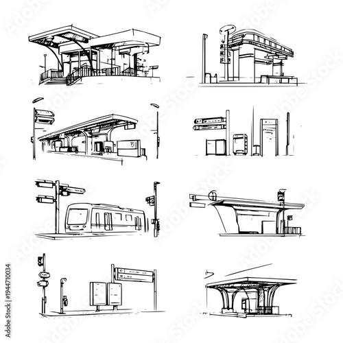 Gas Station Sketches with Various Architectural Designs
