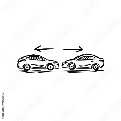 Cars Passing Each Other on Road, Black and White Illustration