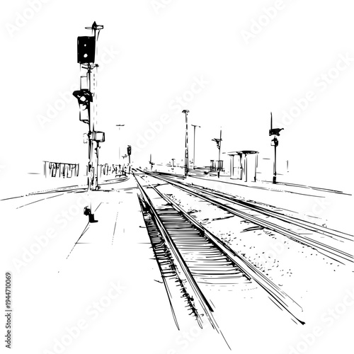 Railway Tracks with Traffic Lights at Dusk, Isolated on White, Sketch Style