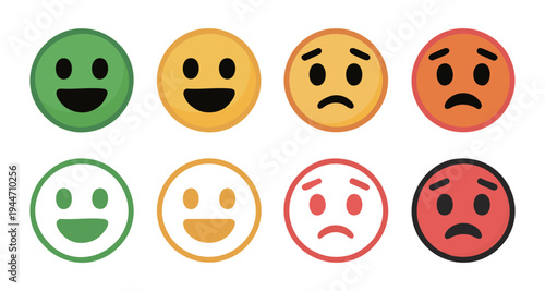 Rating system emojis green happy yellow neutral orange sad red angry on white