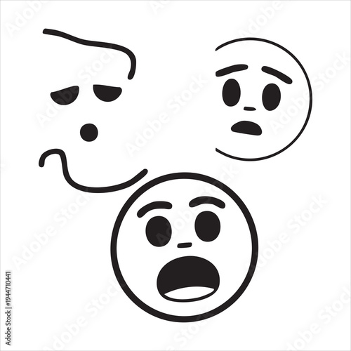 Abstract collection of expressive faces and ghostly figures in simple black outline drawing