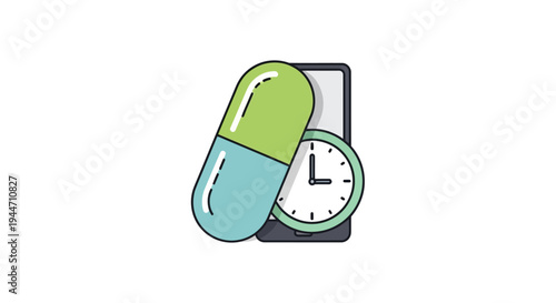 Smart Medication Reminder Icon with Pill, Clock, and Mobile Phone

