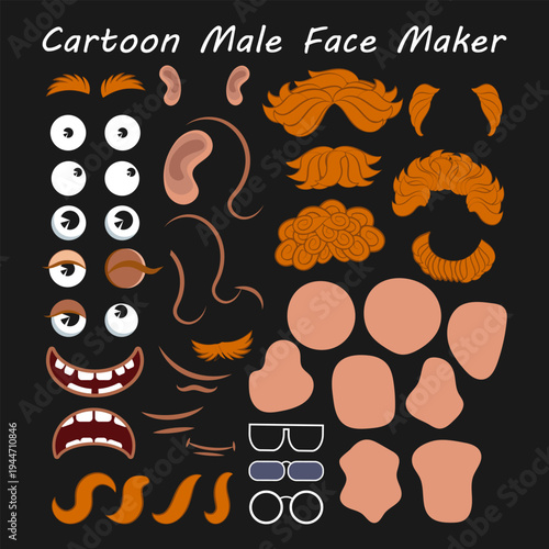 Cartoon male face maker. Various face shapes, eyes, hair, mouth, nose and more. Vector set