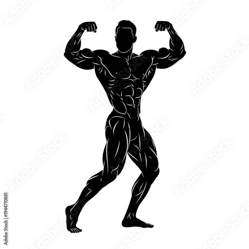 Bodybuilder Silhouette Flexing Muscles in Front Double Biceps Pose with Detailed Leg Definition
