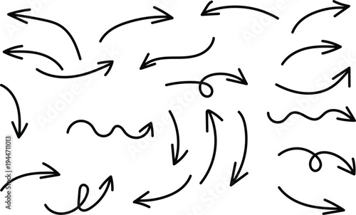 Hand-Drawn Arrows Set, Curved, Wavy, Icon Vector Design