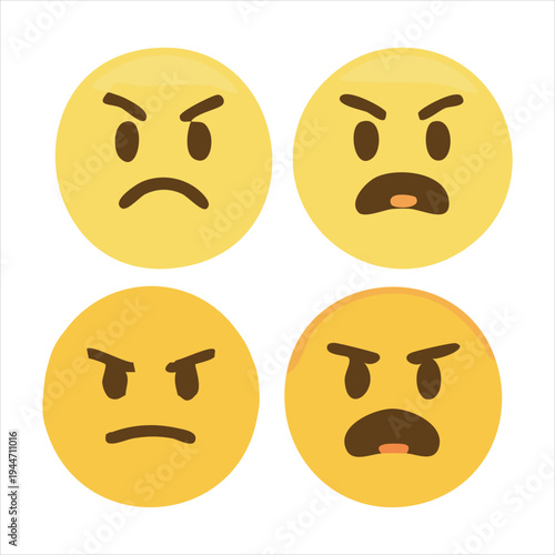 Set of four yellow face emojis showing various degrees of anger and frustration