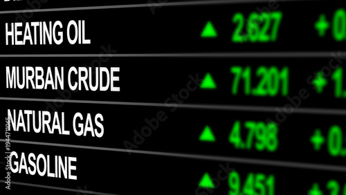 Digital trading screen showing rising prices of energy commodities including diesel oil, gasoline, natural gas, heating oil and crude oil