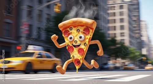 Funny pizza cartoon character running street.
