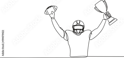 American football player celebrating with trophy and ball line art