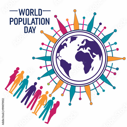 World Population Day flat vector illustration with world map, earth and group of colorful diverse people