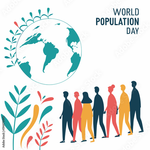 World Population Day flat vector illustration with world map, earth and group of colorful diverse people