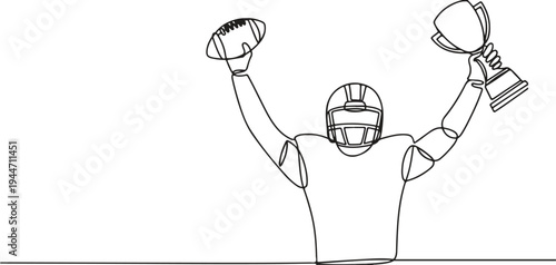 Football player holding trophy and ball in continuous line drawing