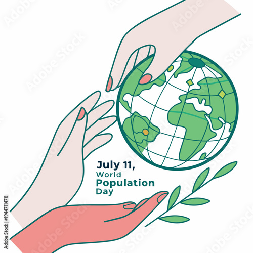 Two hands holding earth, globe vector illustration - World Population Day, 11th July