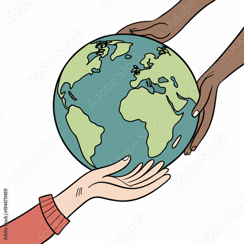Happy Earth Day! Two hands holding earth, globe, world map 3D vector illustration