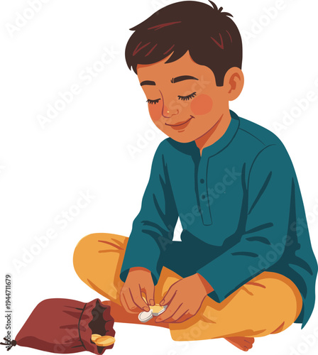 A young boy sitting cross-legged on the ground opens a bag of money.