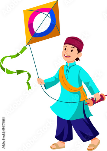 A boy in traditional clothing flying a colorful kite outdoors on a sunny day with a spool.