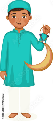 A young boy wearing traditional clothing holds a crescent moon outside during Ramadan celebrations.