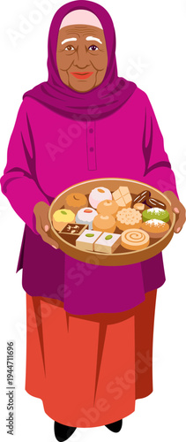 Elderly woman presents traditional food on a plate indoors