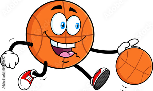 Happy Basketball Ball Cartoon Character Dribbling Ball And Running – Vector Hand Drawn Illustration Isolated On Transparent Background