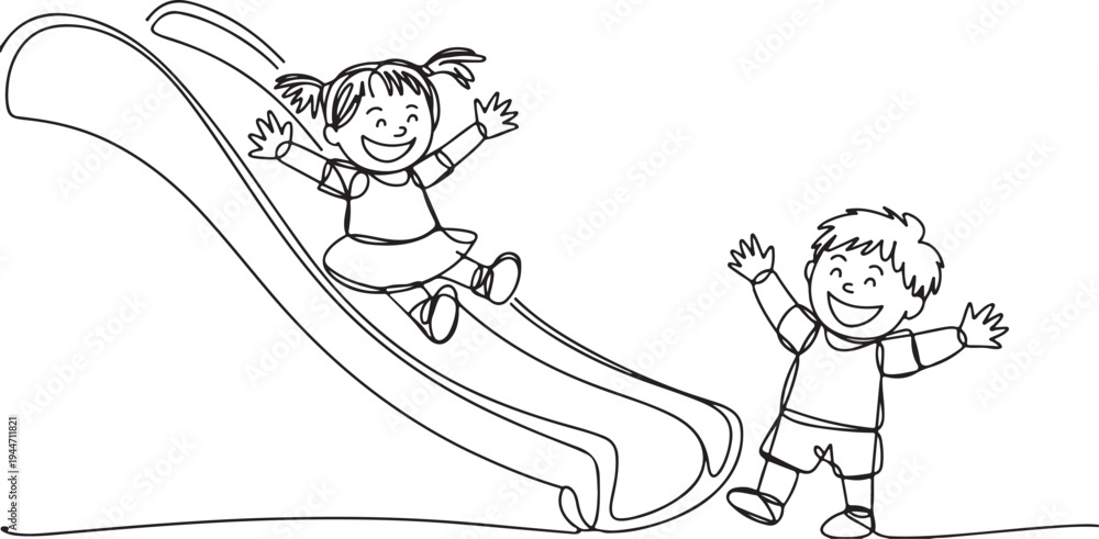 Obraz premium Happy Kids Sliding Down a Playground Slide children